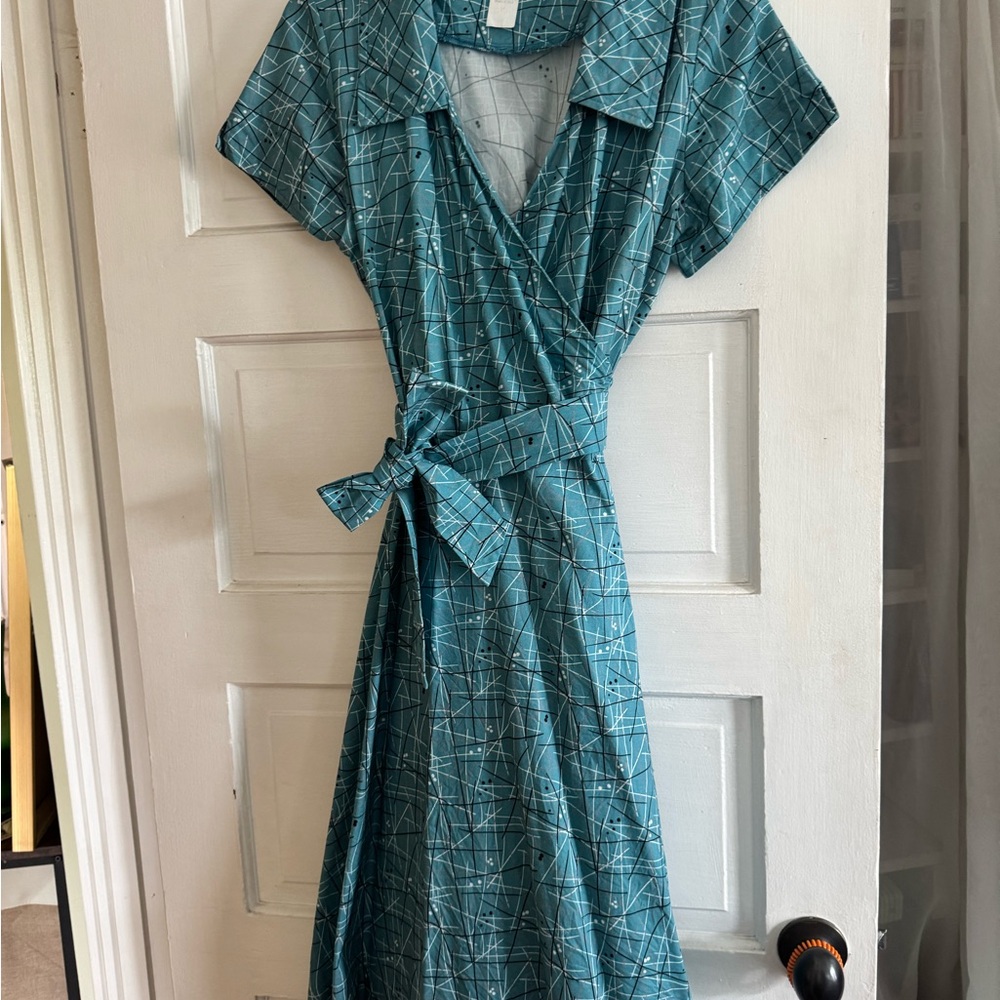 HEART OF HAUTE Teal Atomic Diane Wrap Dress vintage retro pinup 1X 14